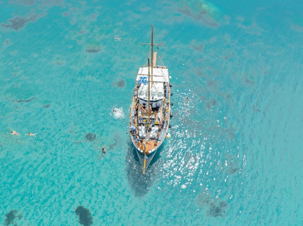 Top-down aerial view of traditional wooden boat Jason in turquoise waters